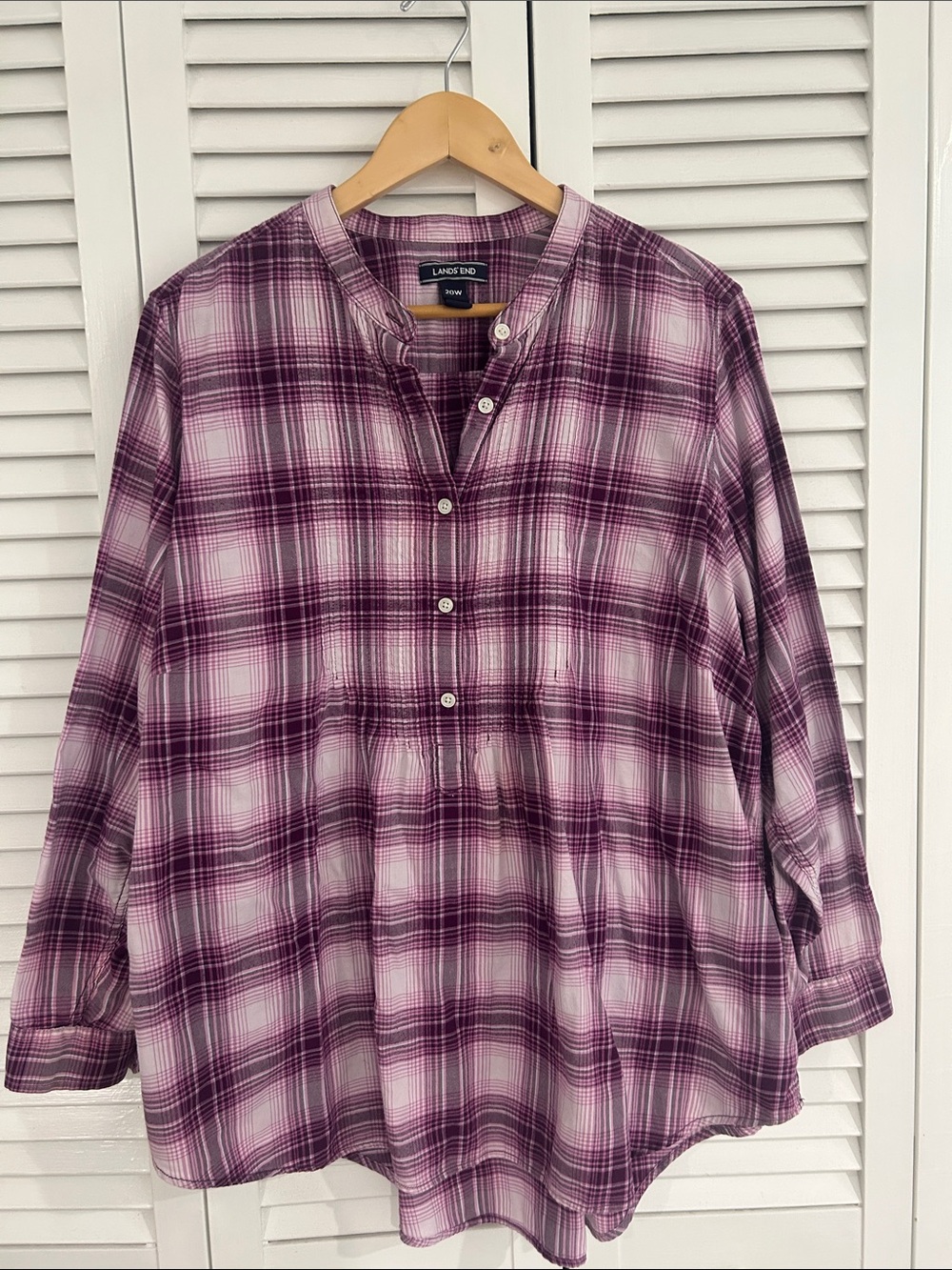 Lands' End Purple Plaid Button-Front Casual Shirt